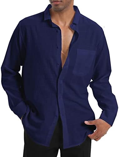 Плажни ризи от памук и лен YAOGRO: Мъжки Ежедневни Риза Свободно Намаляване на копчета с Дълги ръкави и джобове