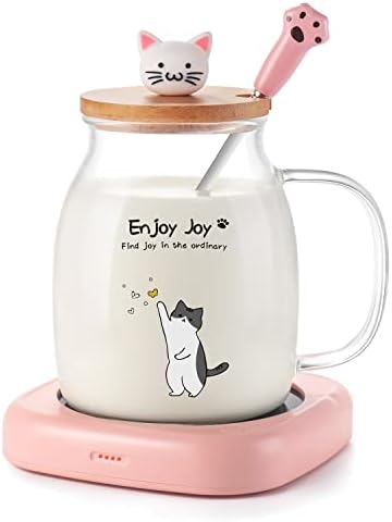Bsigo Интелигентен набор от стъклени чаши за подгряване на кафе steins и привлекателен котка, Нагревател за напитки за офиса, Плоча за затопляне на чаши за чай с мляко и в