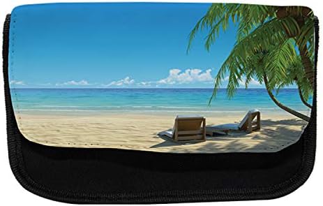 Foldout Тропически молив случай, Плажни Столове на Пясъка на брега, на Тъканта, Чанта за Моливи с Двоен цип, 8,5 x 5,5, Зелено-Синя на цвят Слонова Кост