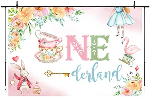 Onederland Фон за Момичета Wonderland Tea 1st Birthday Party Фон За Снимки Розово Цвете Фламинго Заек Декорация