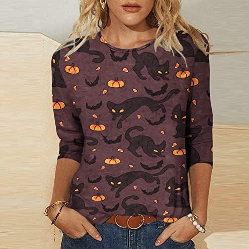 Дамски Свободна Тениска с Модерен принтом на Хелоуин, Блуза, със средна дължина, с 3/4 ръкави, Всекидневни Пуловер