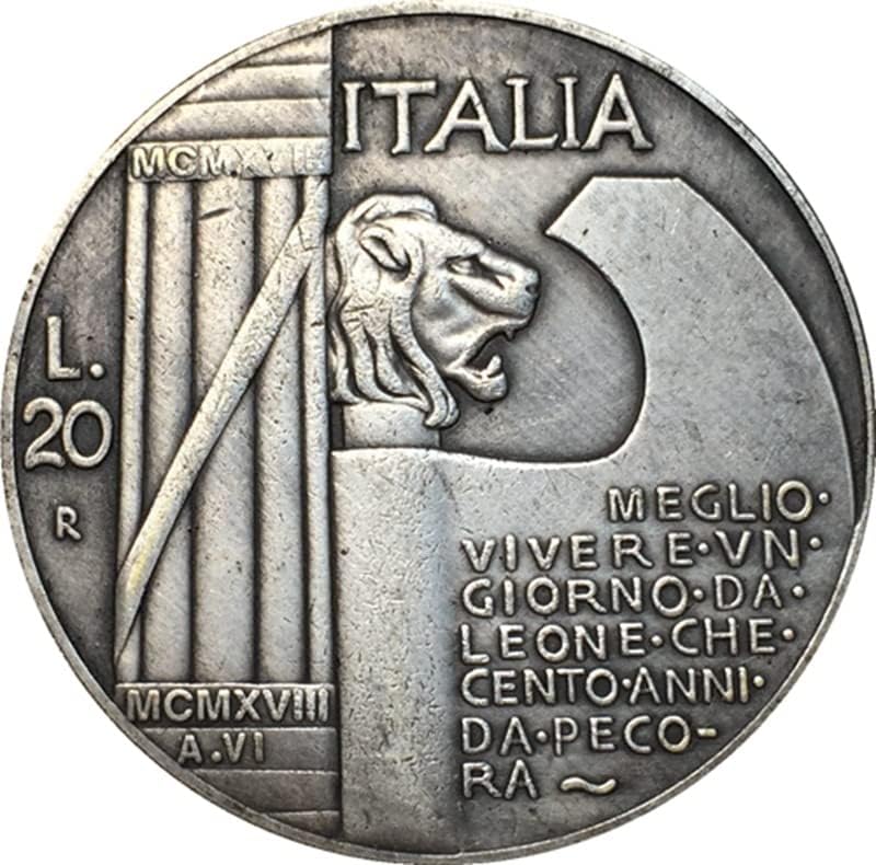 1928 Италианска монета от 20 Лири От Чиста Мед, сребърно покритие Старинна Сребърна Доларова Монета, която може