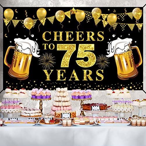 Lnlofen Голям Банер с 75-годишнина, Бижута, Черно Златен Фон Ура 75-годишнина, Аксесоари за Партита, Юбилейна
