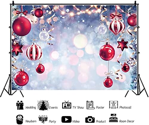 DORCEV 12x8ft Коледна Елха Балони Фон, Блестящи Отблясъци Цветни Боке Червена Топка Блестящи Светлини Страхотна