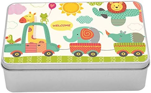 Лидице Скоростна Ambesonne Jungle, Непълен Цветни Влак с Животни от Джунглата, Приветствующими Дизайн в стил Савана, Преносим Правоъгълна Метална Кутия-Органайзер за Съхр